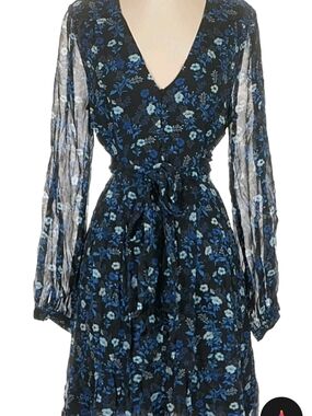 The Kooples Black and Blue Poppy Print Floral Long-Sleeve Dress